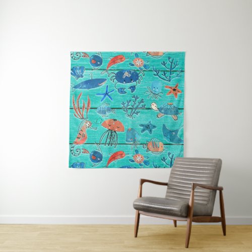 Rustic Teal Wood  Under the Sea Friends Whimsical Tapestry
