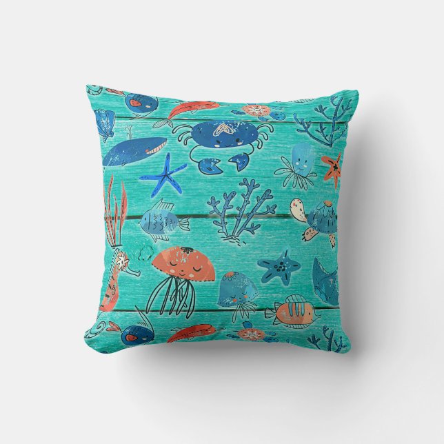Rustic Teal Wood & Under the Sea Friends Whimsical Throw Pillow (Front)
