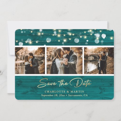 Rustic Teal Wood Wedding 3 Photo Save The Date