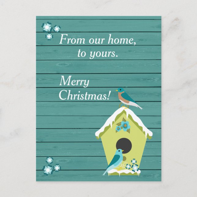 Rustic Teal Wood with Christmas Birdhouse Holiday Postcard (Front)