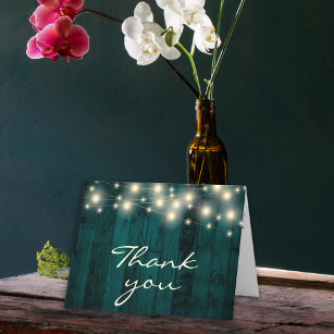 Rustic Teal Wood with Lights Thank You Cards