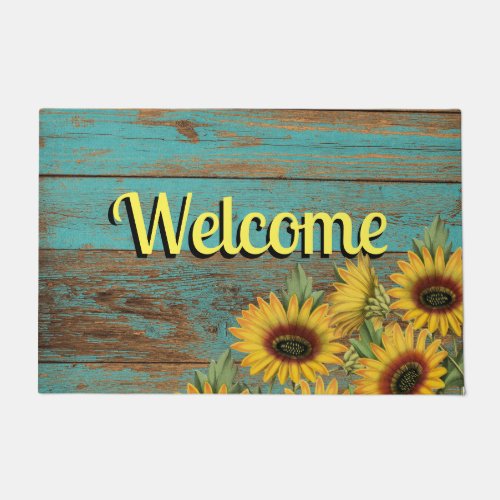 Rustic Teal Wood Yellow Sunflowers Welcome Doormat