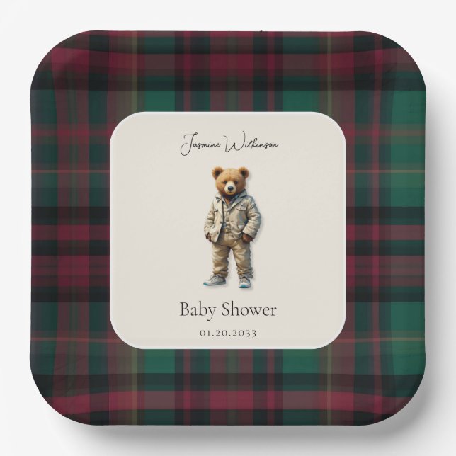 rustic Teddy  Baby Shower Paper Plates (Front)