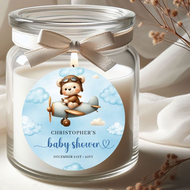 Rustic Teddy Bear Aviator Blue Brown Boy Baby Show Classic Round Sticker (Rustic Teddy Bear Aviator Blue Brown Boy Baby Shower Sticker

)