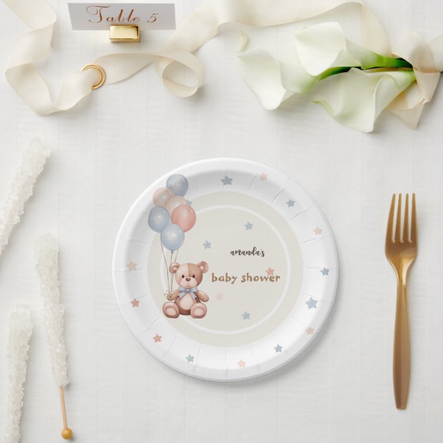 Rustic Teddy Bear Balloons Baby Shower  Paper Plates (Wedding)