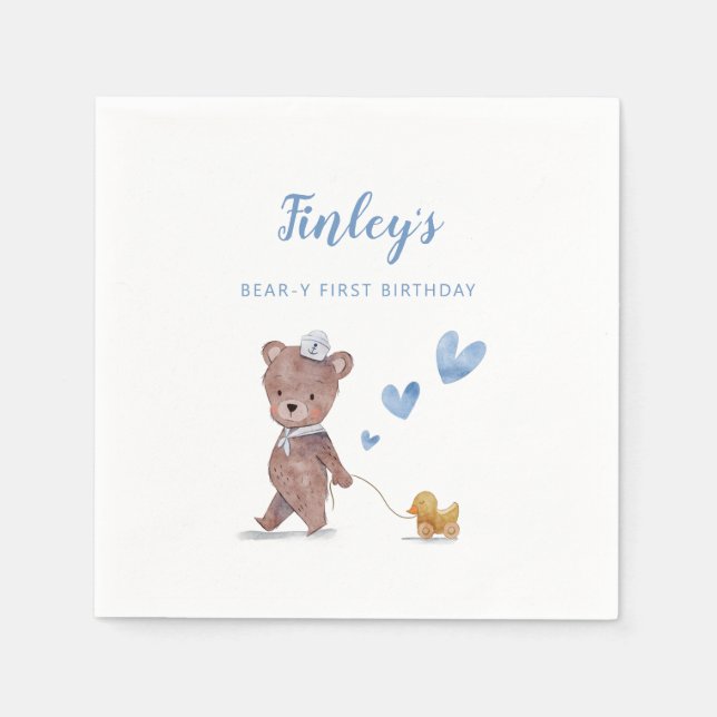 Rustic Teddy Bear Boys Birthday Party Napkins (Front)