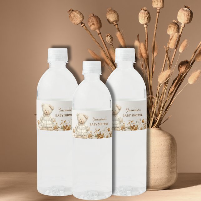 Rustic Teddy Bear Floral Baby Shower Water Bottle Label (Creator Uploaded)