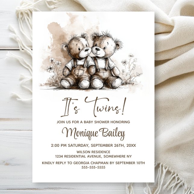 Rustic Teddy Bear Twins Baby Shower Invitation (Creator Uploaded)