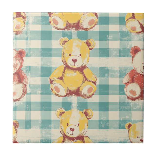 Rustic Teddy Bears on Distressed Teal Plaid Ceramic Tile (Front)