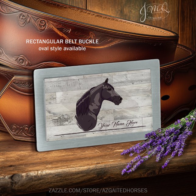 Rustic Tennessee Walking Horse Profile Belt Buckle (Elegant Tennessee Walking Horse profile on rustic wood background.)