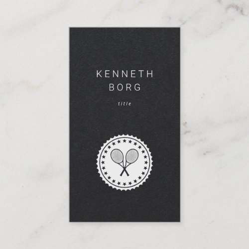 Rustic tennis instructor seal logo white on black business card