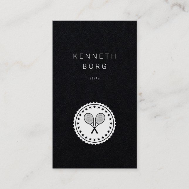 Rustic tennis instructor seal logo white on black business card (Front)