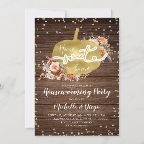 Rustic Terracota Floral Pumpkin Housewarming Party Invitation