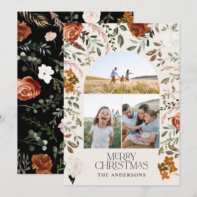 Rustic terracotta 3 photo botanical elegant arch h holiday card (Front/Back)