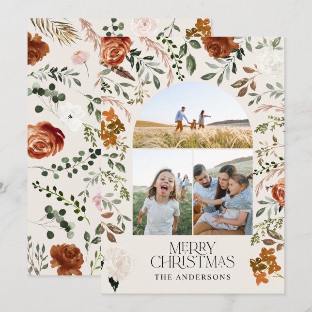 Rustic terracotta 3 photo botanical elegant arch holiday card (Front/Back)