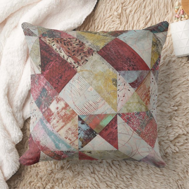 Rustic Terracotta Abstract Patchwork Botanical  Throw Pillow (Blanket)