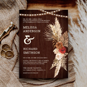 Rustic Terracotta and Maroon Floral Pampas Invitation