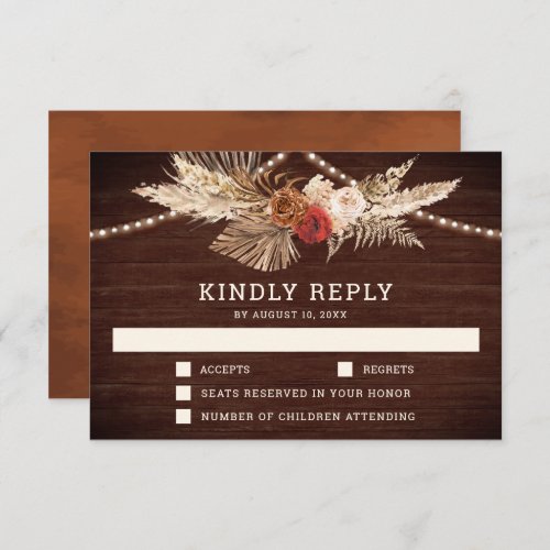 Rustic Terracotta and Maroon Floral Pampas Wedding RSVP Card