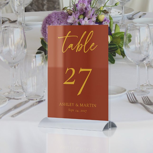 Rustic Terracotta and Mustard Wedding Reception Table Number (Rustic Terracotta and Mustard Personalized Wedding Reception Table Number)