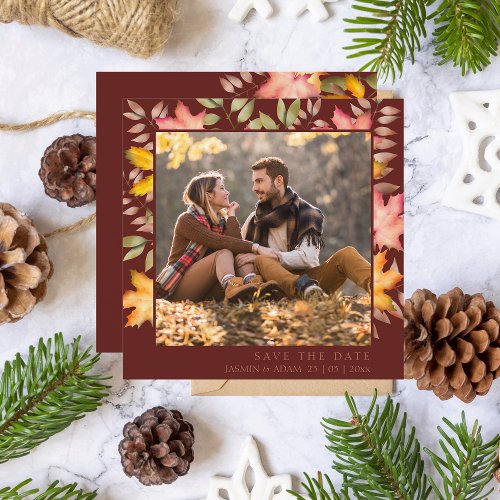 Rustic Terracotta Autumn Fall Leaves Photo Wedding Save The Date
