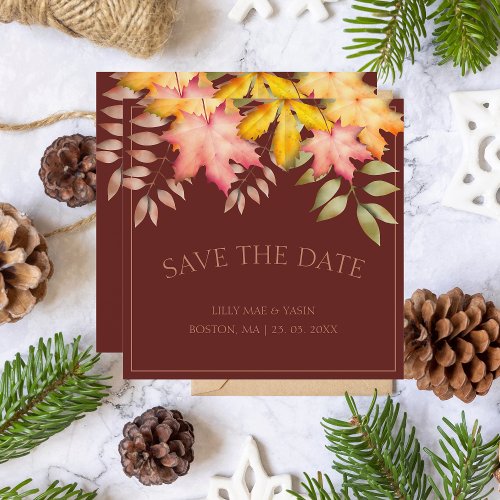 Rustic Terracotta Autumn Fall Leaves Wedding Save The Date