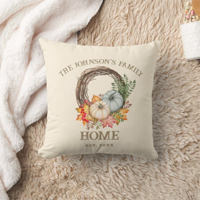 Rustic Terracotta Autumn Fall Pumpkins Family Name Throw Pillow (Blanket)