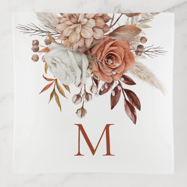 Rustic Terracotta Autumn Florals Monogram Initial Trinket Tray (Front)