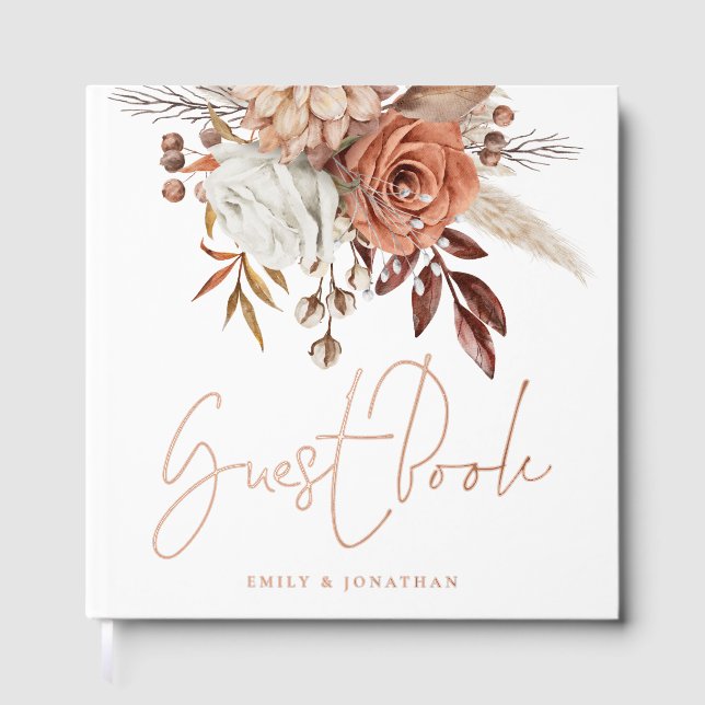 Rustic Terracotta Autumn Florals Wedding Foil Guest Book (Front)