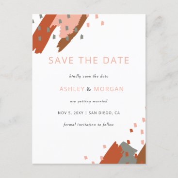 Rustic Terracotta Blush Abstract Save the Date Announcement Postcard
