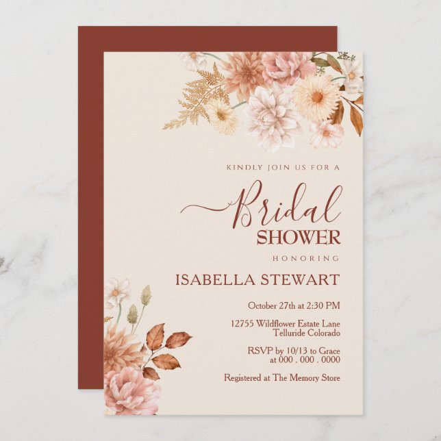 Rustic Terracotta Boho Fall Foliage Bridal Shower Invitation (Front/Back)