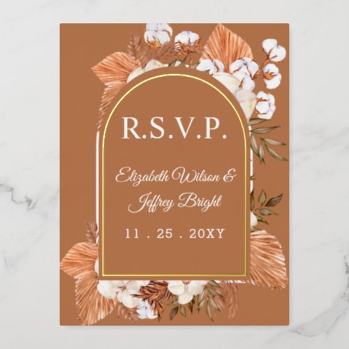 Rustic Terracotta Boho Pampas Arched RSVP   Foil Invitation Postcard