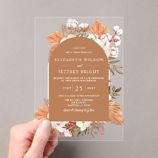 Rustic Terracotta Boho Pampas Arched Wedding Acrylic Invitations
