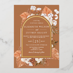 Rustic Terracotta Boho Pampas Arched Wedding  Foil Invitation