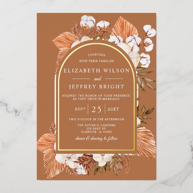 Rustic Terracotta Boho Pampas Arched Wedding  Foil Invitation (Front)