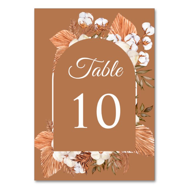 Rustic Terracotta Boho Pampas Arched Wedding Table Number (Front)