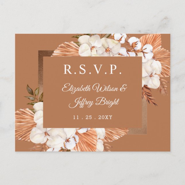 Rustic Terracotta Boho Pampas Orchids RSVP Invitation Postcard (Front)