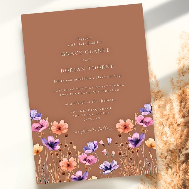 Rustic Terracotta Boho Wildflower Mocha Wedding Invitation (Creator Uploaded)