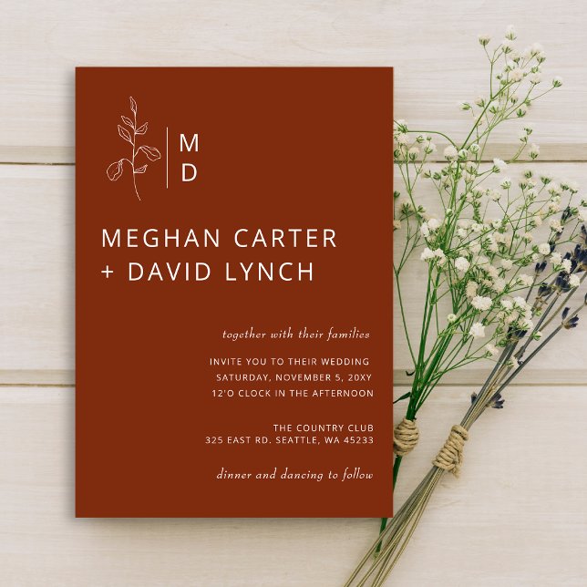 Rustic Terracotta Botanical Monogram Wedding  Invitation (Creator Uploaded)