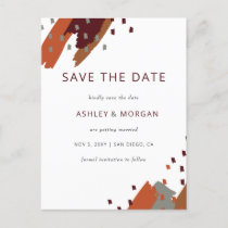 Rustic Terracotta Burgundy Abstract Save the Date Announcement Postcard