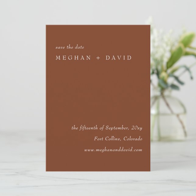 Rustic Terracotta Burnt Orange Modern Save The Dat Date (Standing Front)