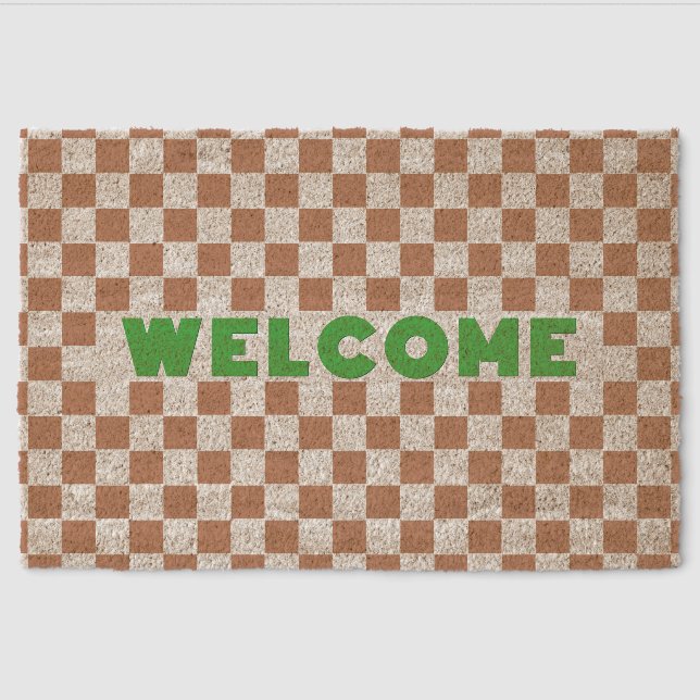 Rustic Terracotta Checkered Pattern Welcome Coir Fiber Doormat (Front)