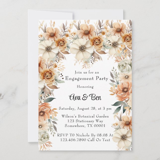 Rustic Terracotta Cream Floral Engagement Party Invitation (Front)