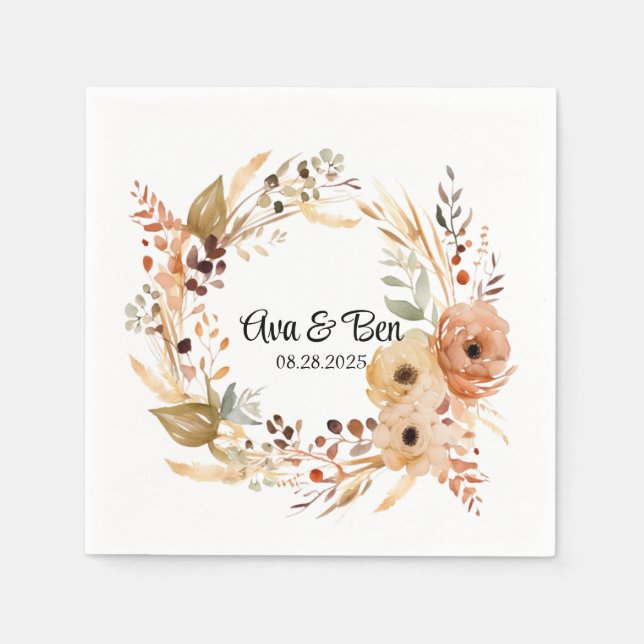 Rustic Terracotta Cream Watercolor Floral Wedding Napkins (Front)