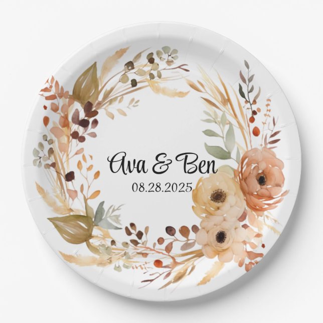 Rustic Terracotta Cream Watercolor Floral Wedding Paper Plates (Front)