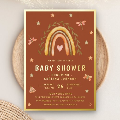 Rustic Terracotta Earthy Rainbow Baby Shower Gold Foil Invitation