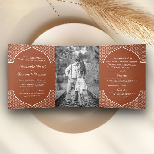 Rustic Terracotta Ethnic Indian Arch Wedding Photo Tri_Fold Invitation