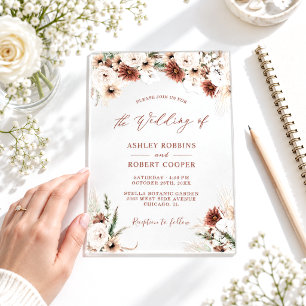 Rustic Terracotta Fall Boho Botanical Wedding Acrylic Invitations