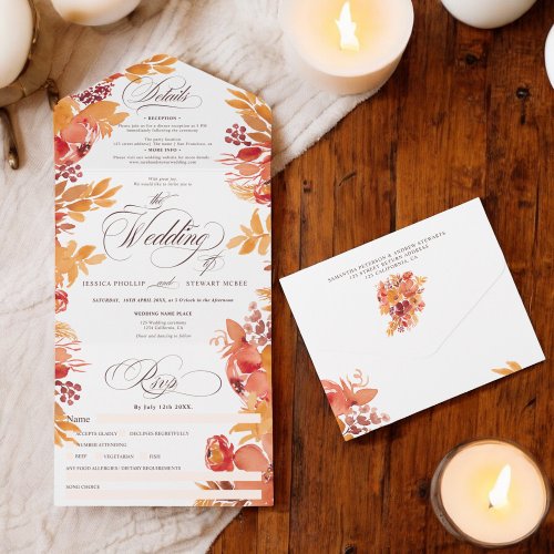 Rustic terracotta fall floral calligraphy wedding all in one invitation