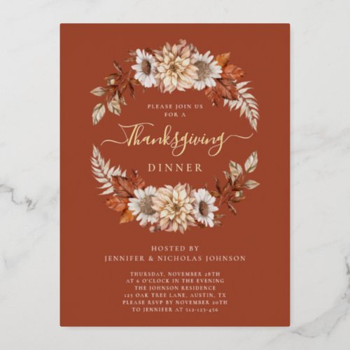 Rustic Terracotta Fall Floral Thanksgiving Dinner Foil Invitation Postcard