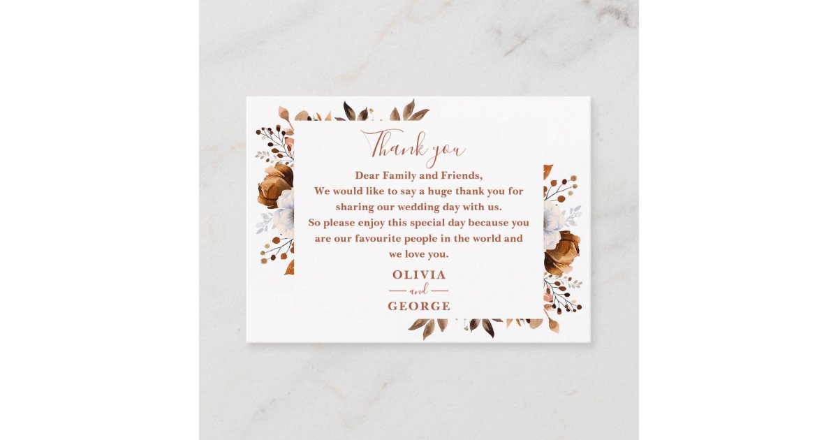 Rustic Terracotta Fall Floral Wedding Thank You Place Card | Zazzle